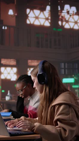 vertical video college student participates at online webinar course with headphones