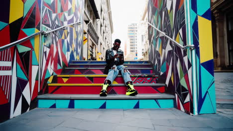 stylish man on vibrant colorful stairs in urban setting
