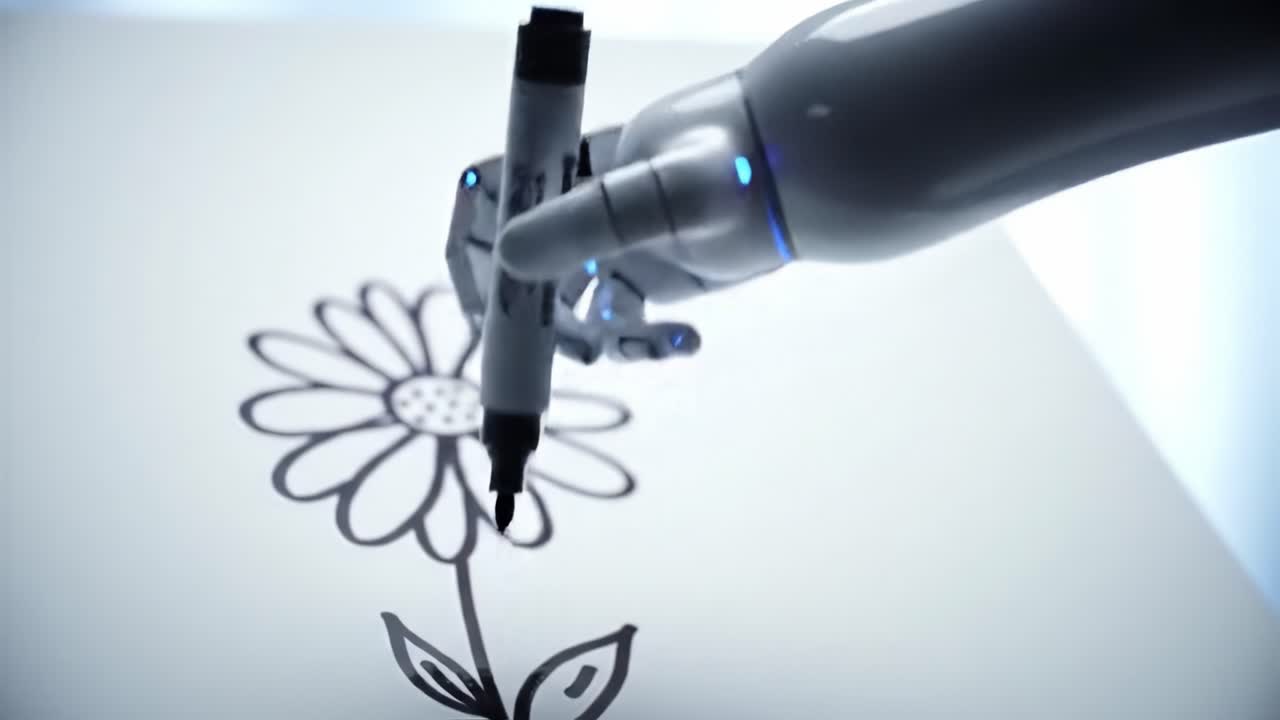 A Robotic Hand Skillfully Illustrates a Detailed Flower Design on Canvas, Showcasing the Blend of Art and Technology in Modern Creativity