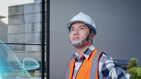 vista lateral de cerca de un ingeniero masculino asiático con casco de seguridad mirando a su alrededor mientras está de pie con los brazos akimbo con el concepto de vehículo eléctrico, instalación industrial de alta tecnología