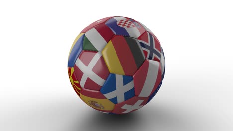 una pelota de fútbol con banderas de países europeos gira sobre una superficie blanca, bucle 2