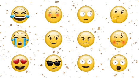 Animation-of-emojis-icons-over-falling-confetti-on-white-background