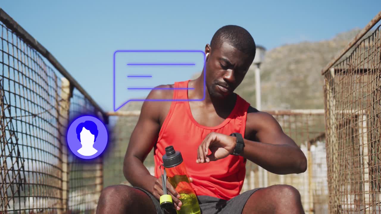 Animation of profile and message icon, african american athlete checking time and drinking water