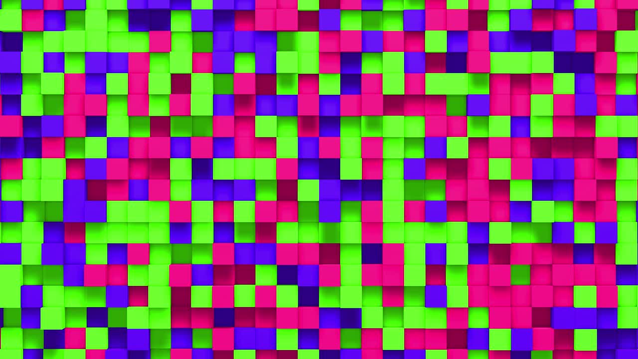cubo de caja pequeña multicolor fondo geométrico aleatorio. ilustración de mosaico de píxeles cuadrados abstractos. fondo de bloque de tierra. diseño fractal de fantasía. arte digital. bucle de animación 3d de 4k