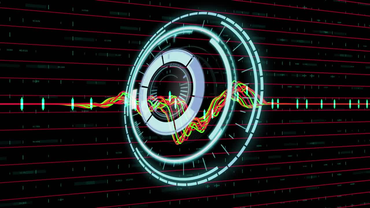 Animation of rotating safe lock with data processing on colourful line graph, on black background