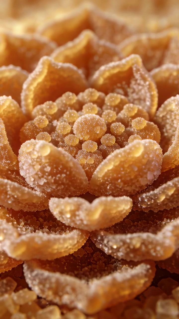 Video verticale: Messa a fuoco dell'obiettivo su una caramella a forma di fiore color ambra in studio, rivelando cristalli di zucchero per la consistenza.