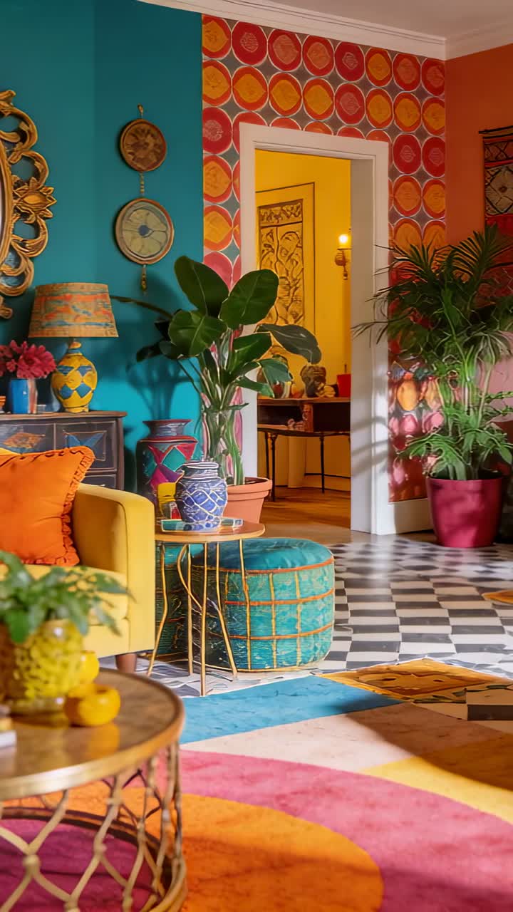 Video vertical: La cámara panea revelando una entrada con una palmera y una pared estampada, mostrando una habitación amarilla.