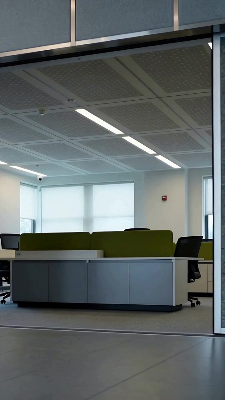 Vertical video: Sliding partition retracting revealing office with chairs and cabinets, copy space