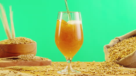pouring beer into a glass with wheat and barley