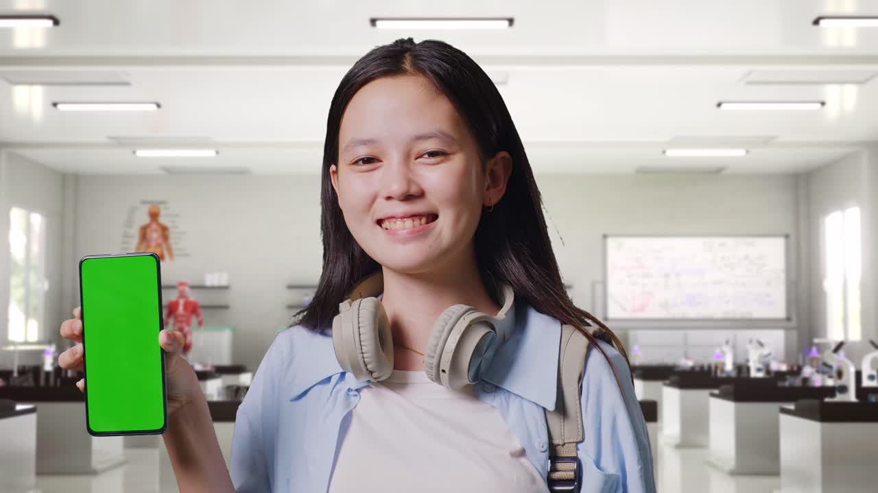 과학 실험실에 서서 녹색 스크린 스마트폰을 카메라에 보여주며 웃는 배을 가진 아시아 십대 소녀 학생의 클로즈업