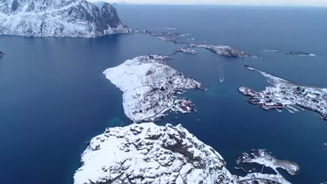 an aerial view shows the snowcovered lofoten islands of norway