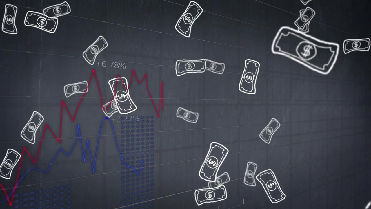 Dollar bills drifting while red line appearing and tracing market swings, visualizing trend