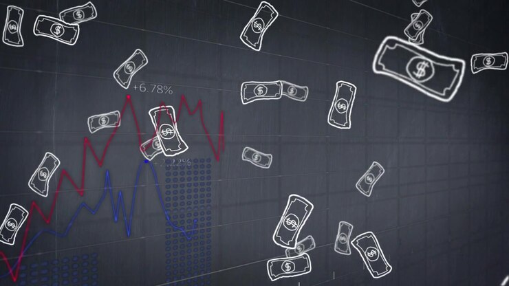 Dollar bills drifting while red line appearing and tracing market swings, visualizing trend