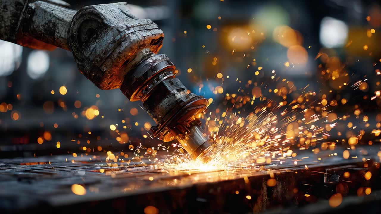 Dynamic Industrial Scene Capturing a Robotic Arm Engaged in Precision Cutting, Emitting a Shower of Sparks in a Factory Environment