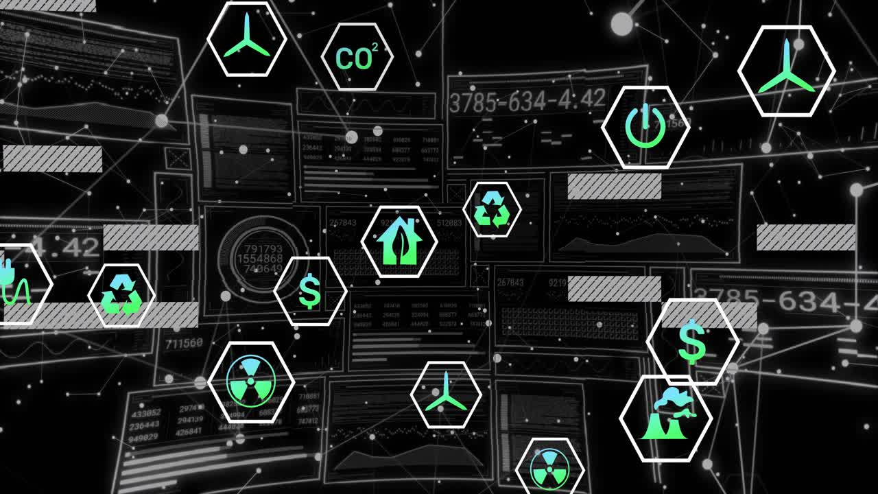 Fading eco hex icons on wireframe grid starting data visualization, sliding bars updating codes