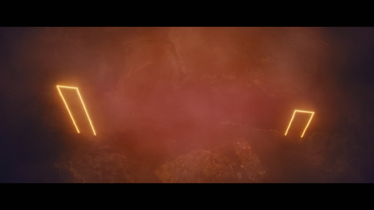 Rocky landscape with huge pink light portal structures