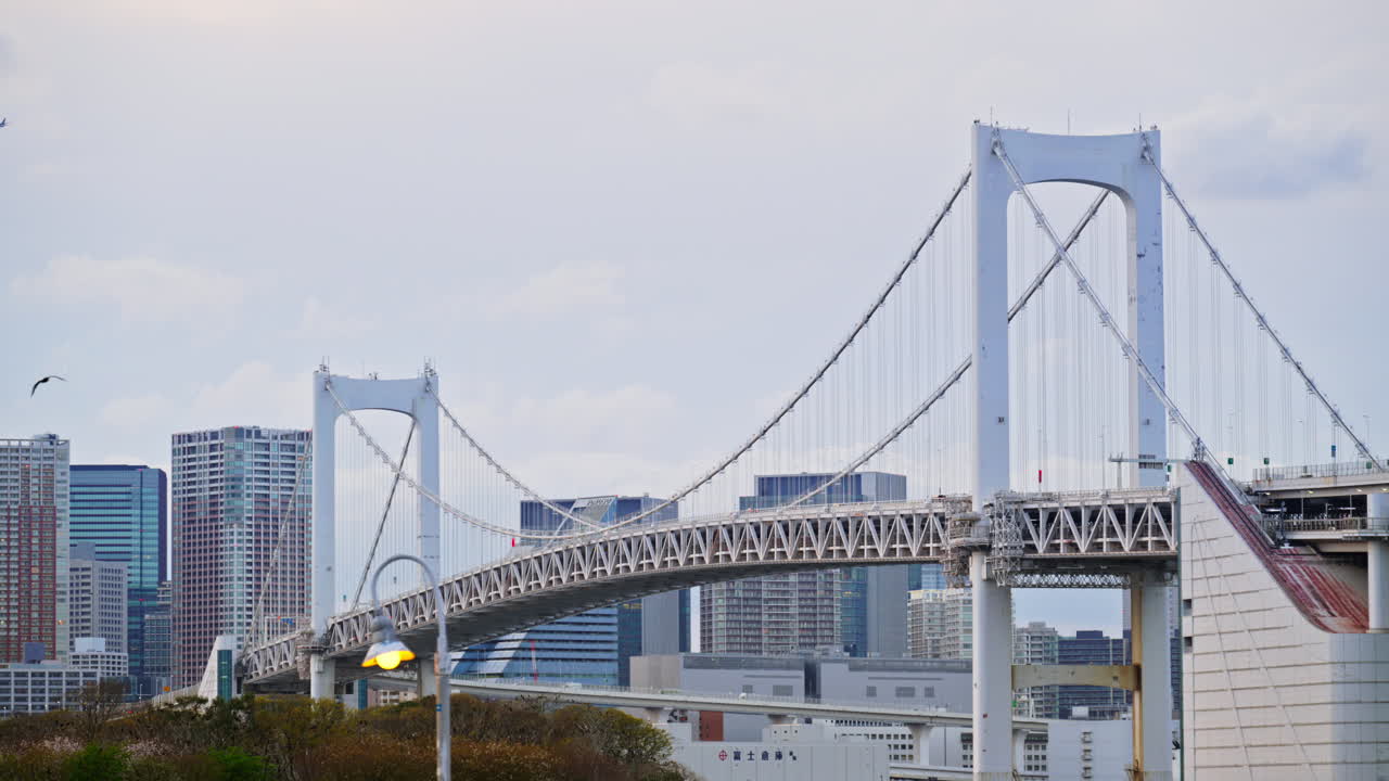 View of the Rainbow Bridge and the skyline of Tokyo, Japan on a cloudy day