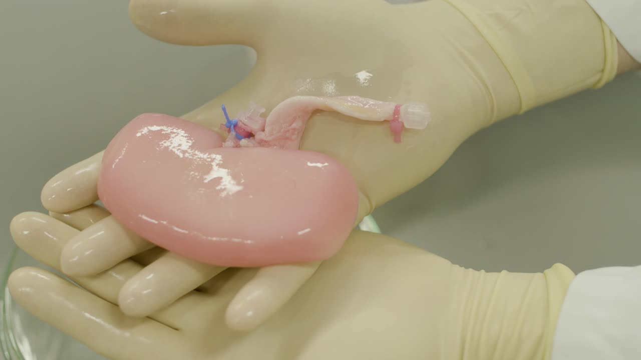 Primo piano di mani guantate che tengono un campione di organo umano per esame scientifico