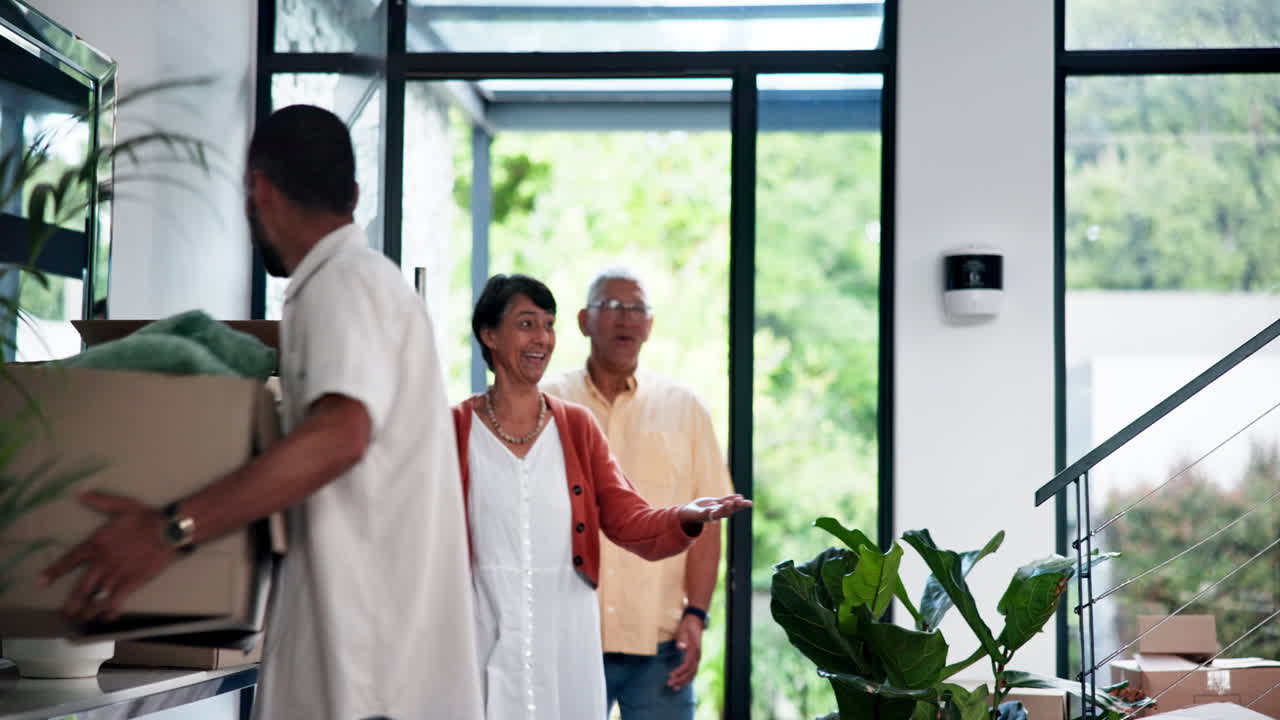 Happy family, door and moving in