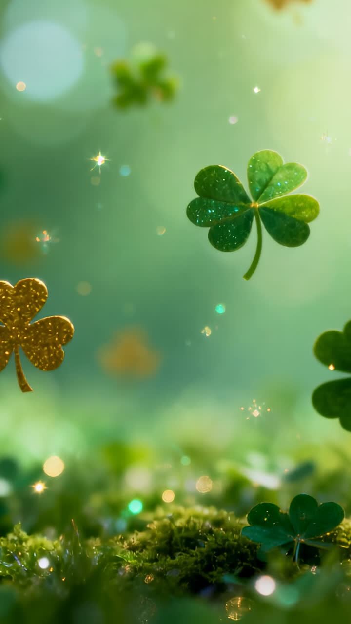 Vertical video: Zooming on drifting green 4-leaf clover over moss with gold clover, creating calm