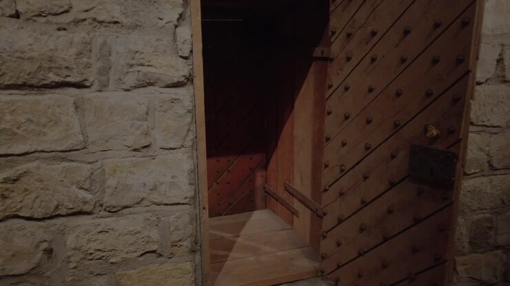 Câmera se afastando da porta externa da Prisão de Liberty onde Joseph Smith foi mantido cativo por meses na década de 1830 no Centro de Visitantes Mórmon em Liberty, Missouri