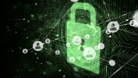 Animation of network of connections with icons over digital padlock