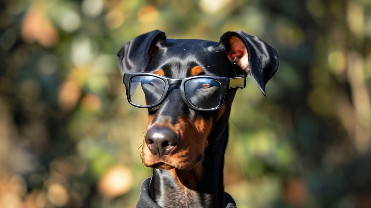 Funny doberman dog wearing stylish eyeglasses, posing in a softly blurred park background, exuding an air of intelligence and charm, showcasing a unique and adorable personality