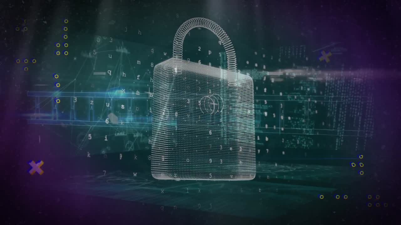 Animation of security padlock over dna and data processing