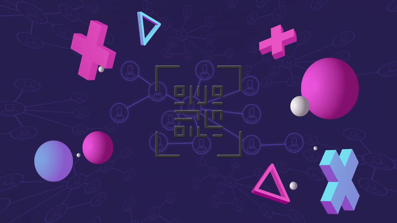 animación de código qr rosado brillante y formas 3d en red sobre fondo negro