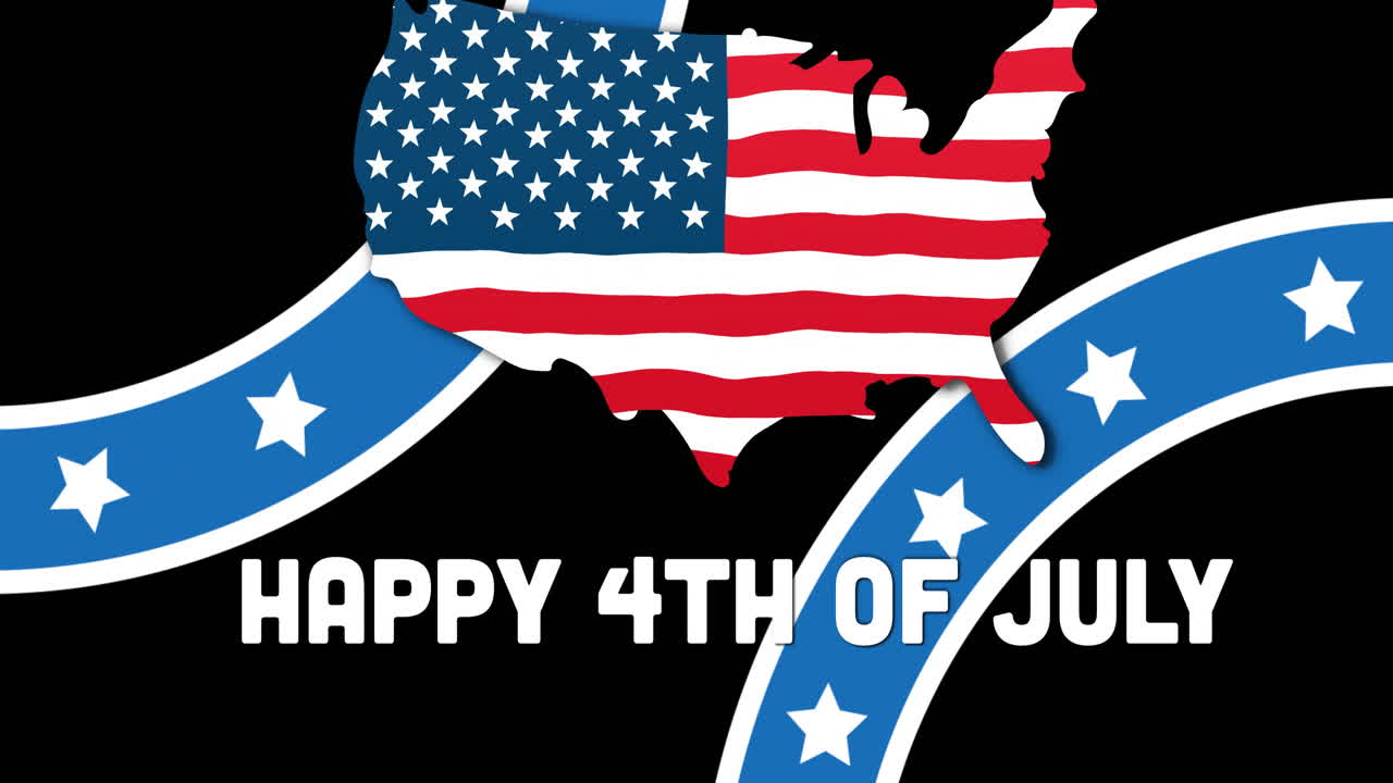Happy 4th of July text animation over USA flag and stars on black background