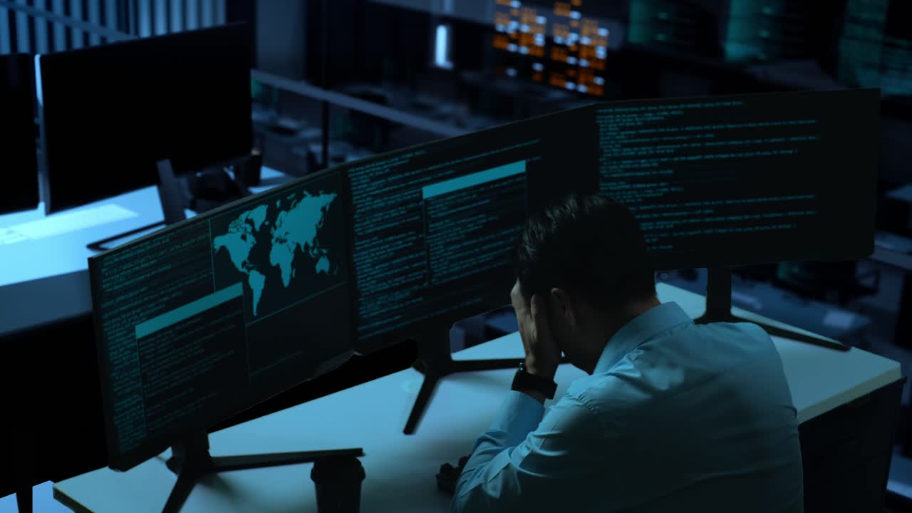 Side View Of Asian Man Developer Having Headache While Write Code With Multiple Computer Screens In The Office