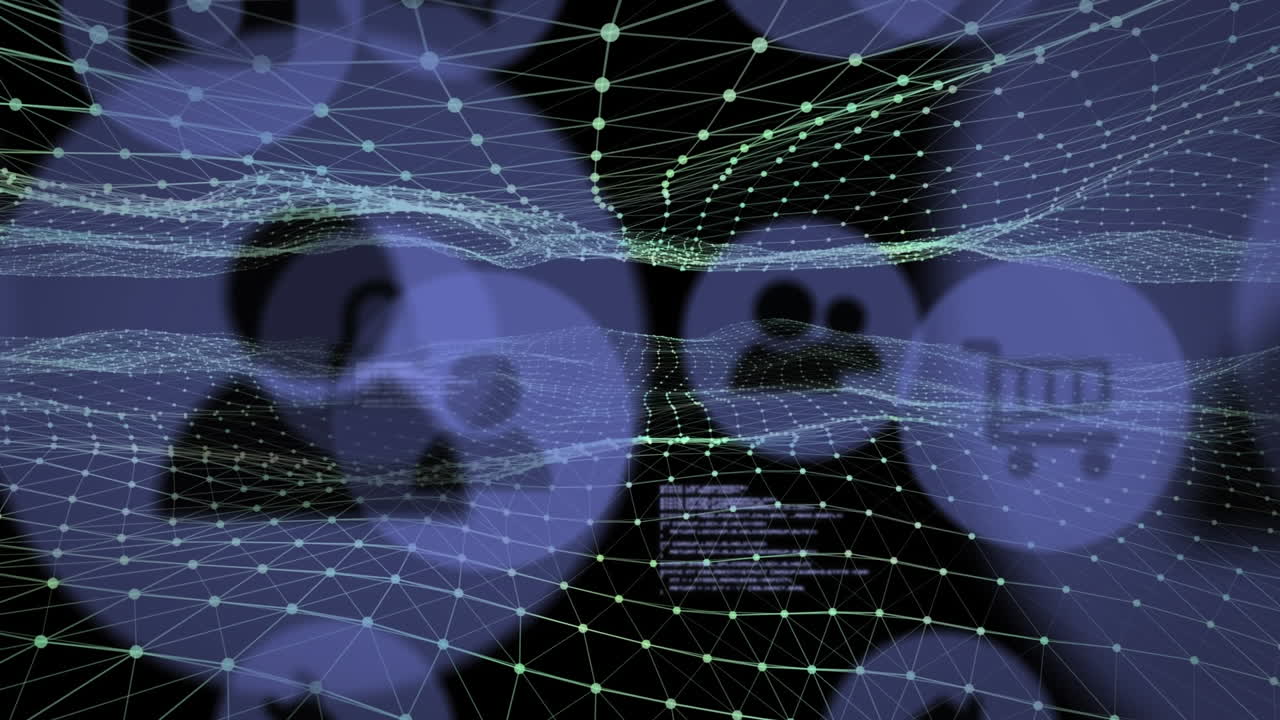 animación de iconos digitales y procesamiento de datos sobre onda digital verde contra fondo negro.