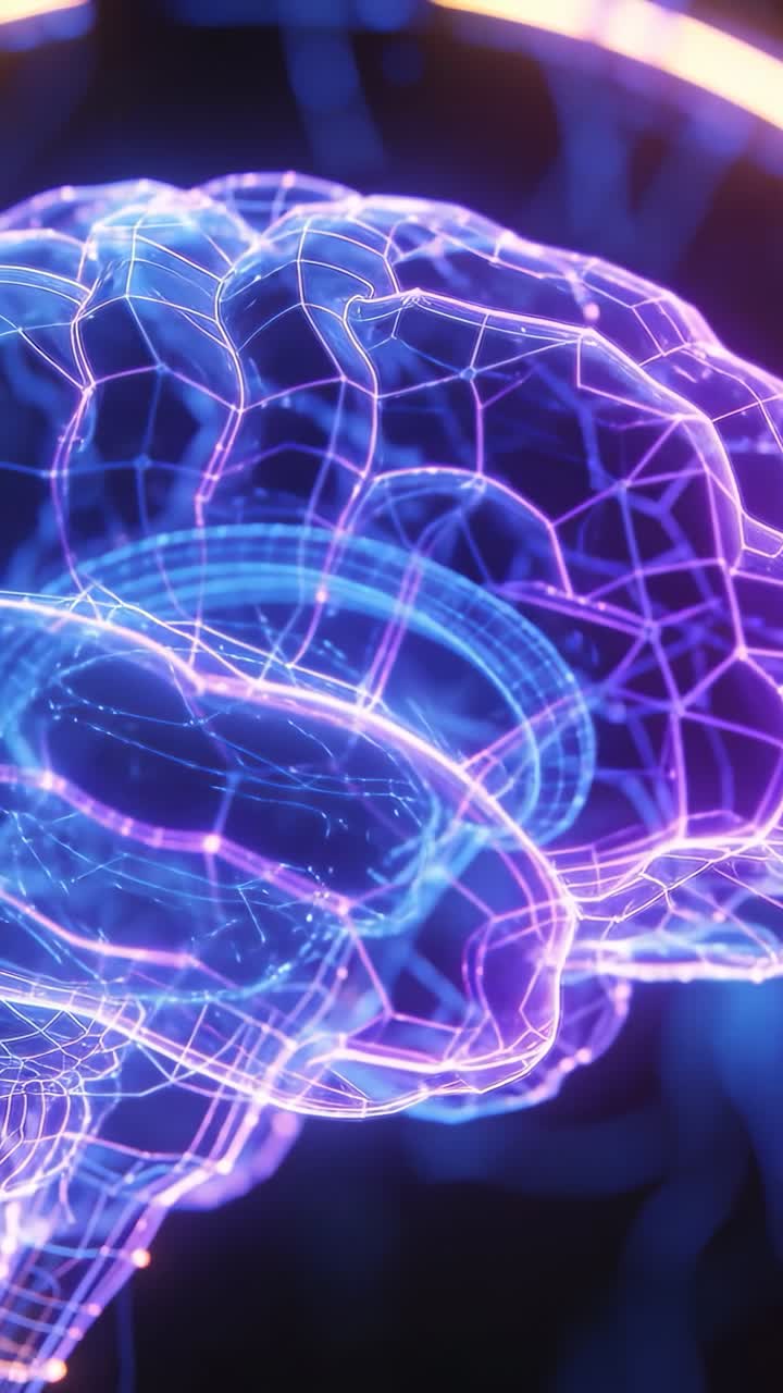 Opening left hemisphere, hologram brain rotating and pulsing nodes, revealing HUD for tech visuals