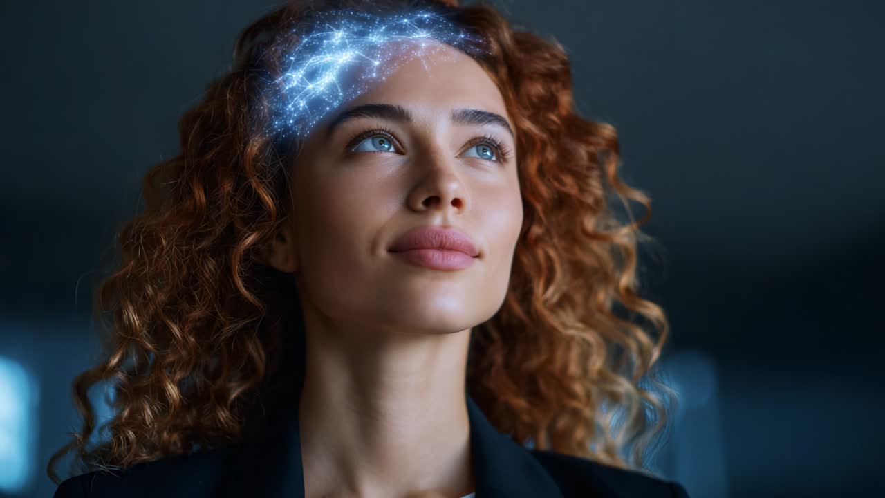 A woman with curly hair gazes thoughtfully into the distance, displaying a glowing neural network above her head that symbolizes innovative thoughts and creativity, set against a softly blurred background