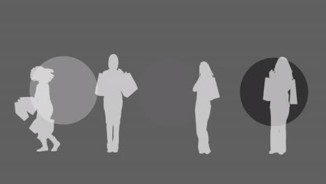 animation of silhouettes of women shopping and loading bar on gray background