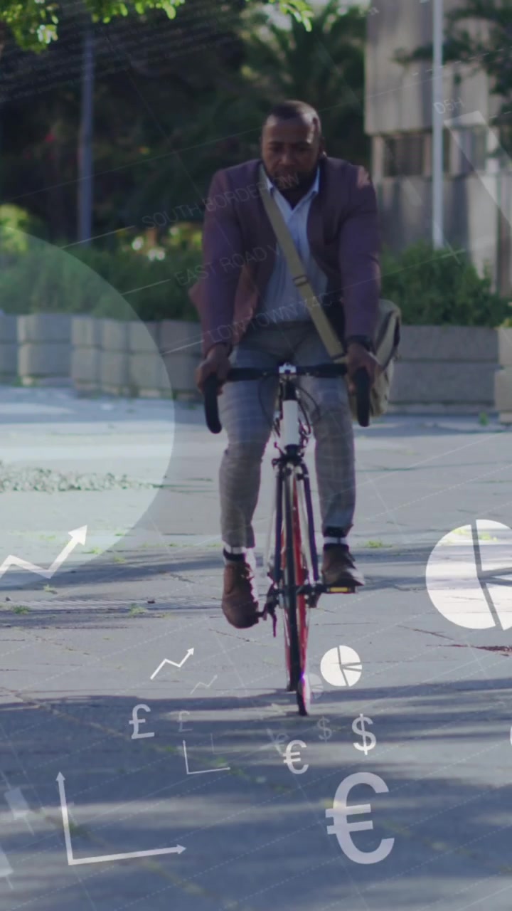 Empresário Andando de Bicicleta com Sobreposição de Gráficos de Finanças Digitais