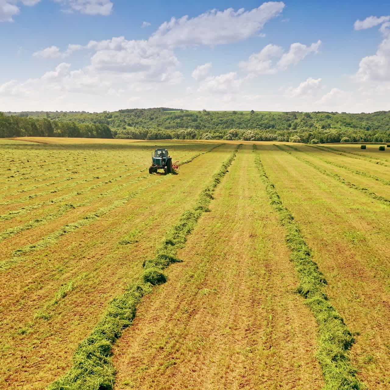Beautiful natural environment on the field in summer. Drone view over the field with a tractor working on a grassland during sunny day.