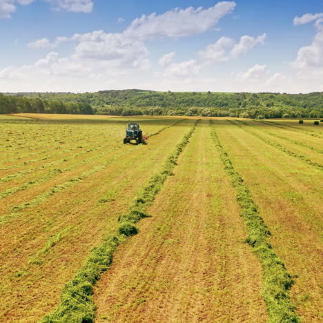 beautiful natural environment on the field in summer. drone view over the field with a tractor working on a grassland during sunny day.