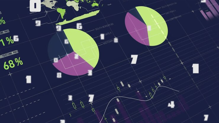 Animation of statistics and data processing on black background