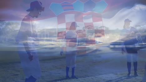 Animation of flag of croatia over diverse female rugby players