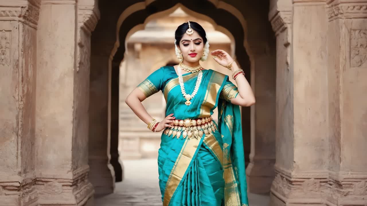 Beautiful Indian dancer wearing a traditional silk sari and adorned with gold jewelry, gracefully posing within a temple archway while gently touching her hair with one hand