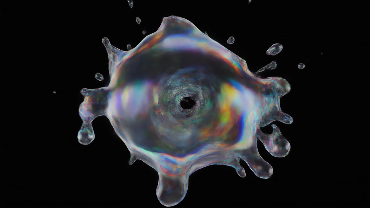 Iridescent Liquid Sphere Exploding into Droplets on Black Background