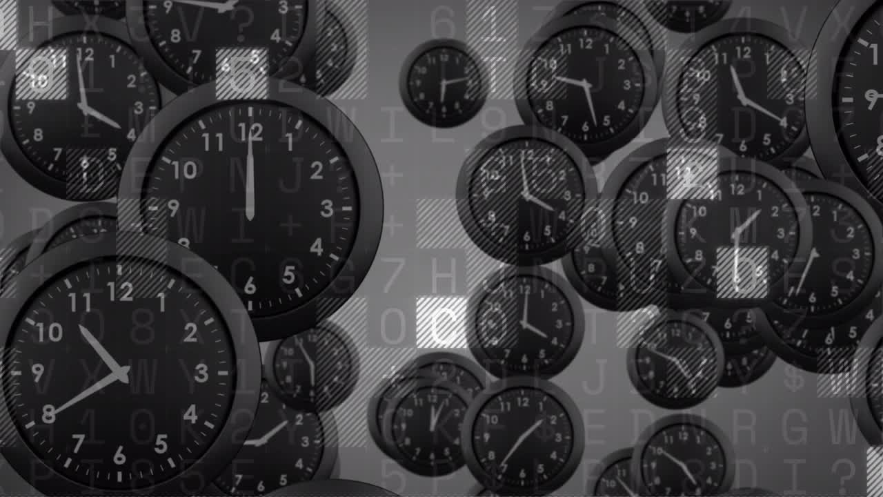 Analog wall clocks clustering, pulsing squares starting motion, drifting, scaling, forming loop