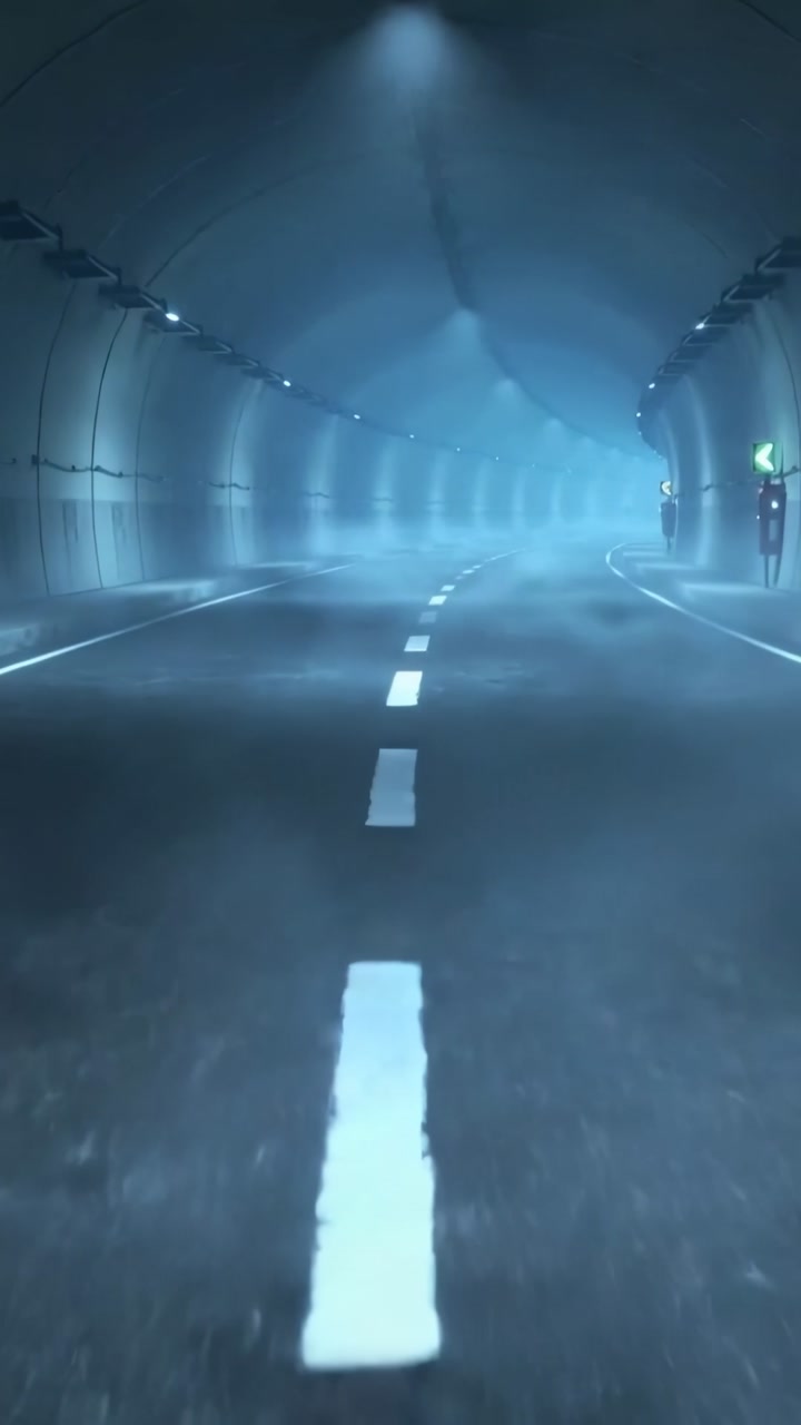 Vertical video: Moving camera showing tunnel road with broken centerline leading into misty curve