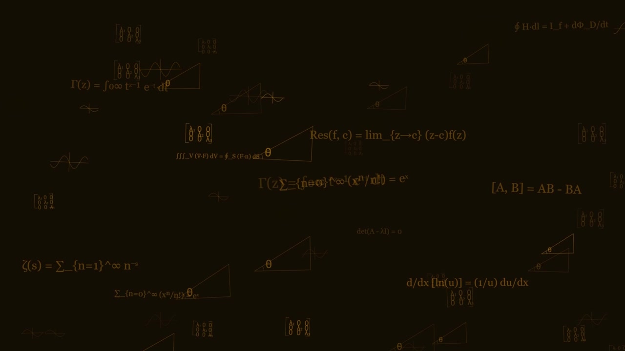 Golden mathematical and physics formulas on a dark abstract background