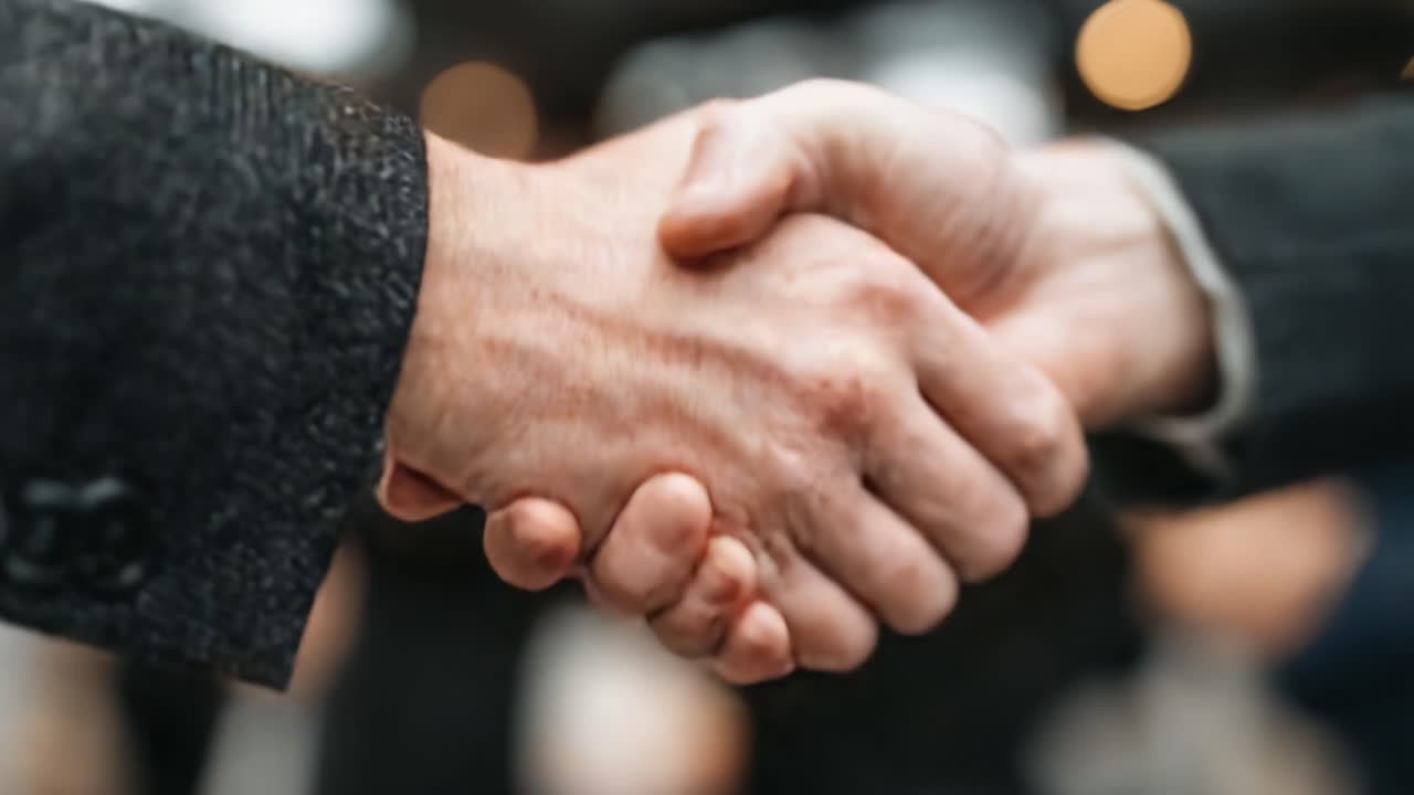 A Close-Up of a Firm Handshake Demonstrating Trust, Partnership, and Collaboration between Two Individuals in a Professional Setting with a Blurred Background
