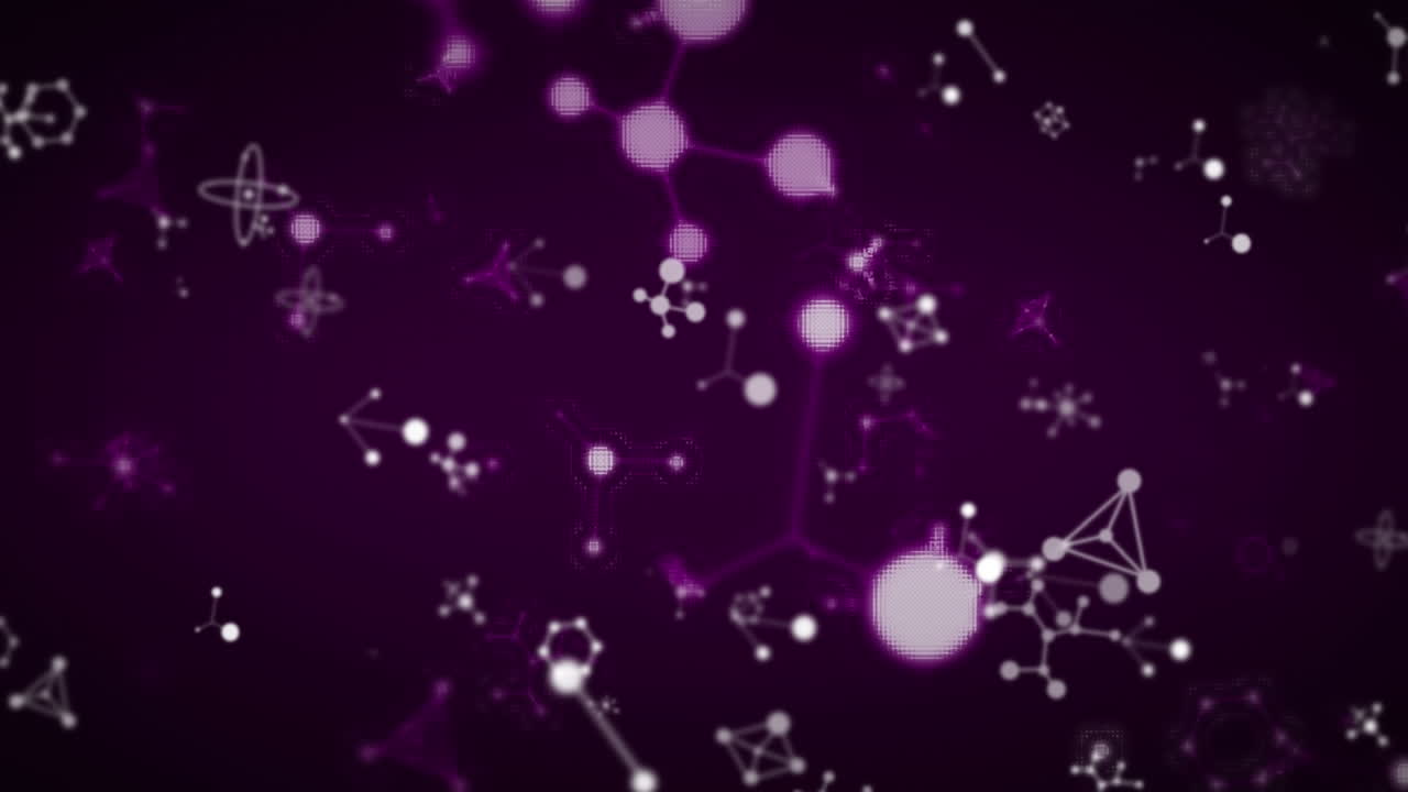 animación de moléculas y elementos químicos flotando sobre un fondo púrpura