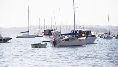 boats bobbing on the water in little bay on mooring anchor