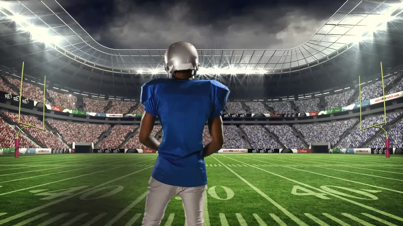 Animace hráče amerického fotbalu nad sportovním stadionem.