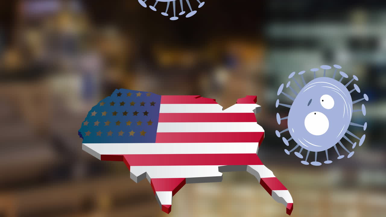 Animation of coronavirus cells over usa map coloured with american flag on cityscape background